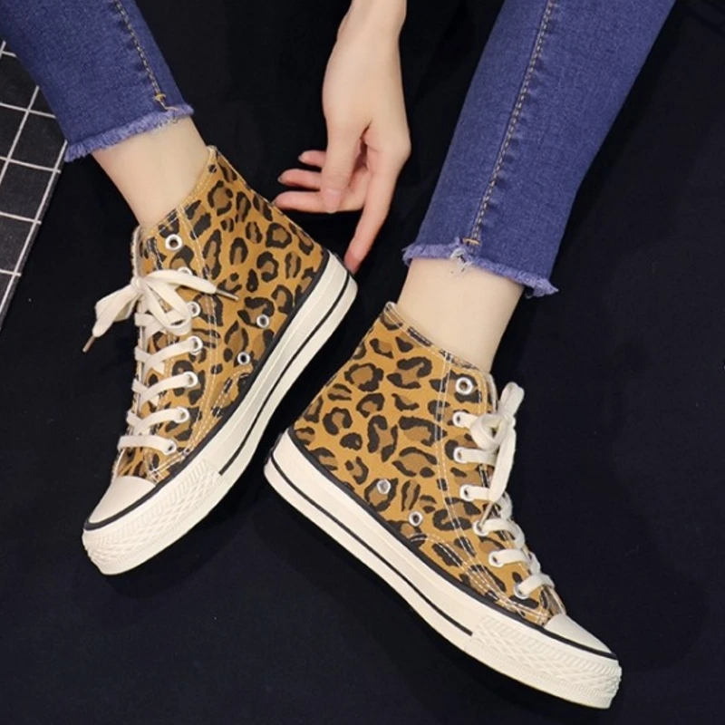 SJJH Women Canvas Leopard Sneakers High Low Top Comfortable Shoes Vulcanize Flats Casual Chaussure Lace-up Ladies Footwear D004