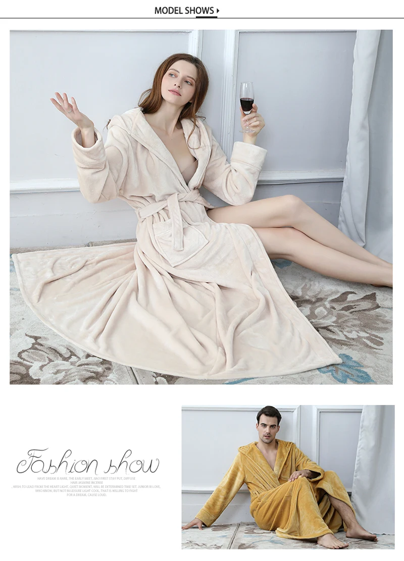 Любители плюс Размеры с капюшоном удлиненная фланели теплый халат Для мужчин Для женщин утолщение зима кимоно Банный халат мужской