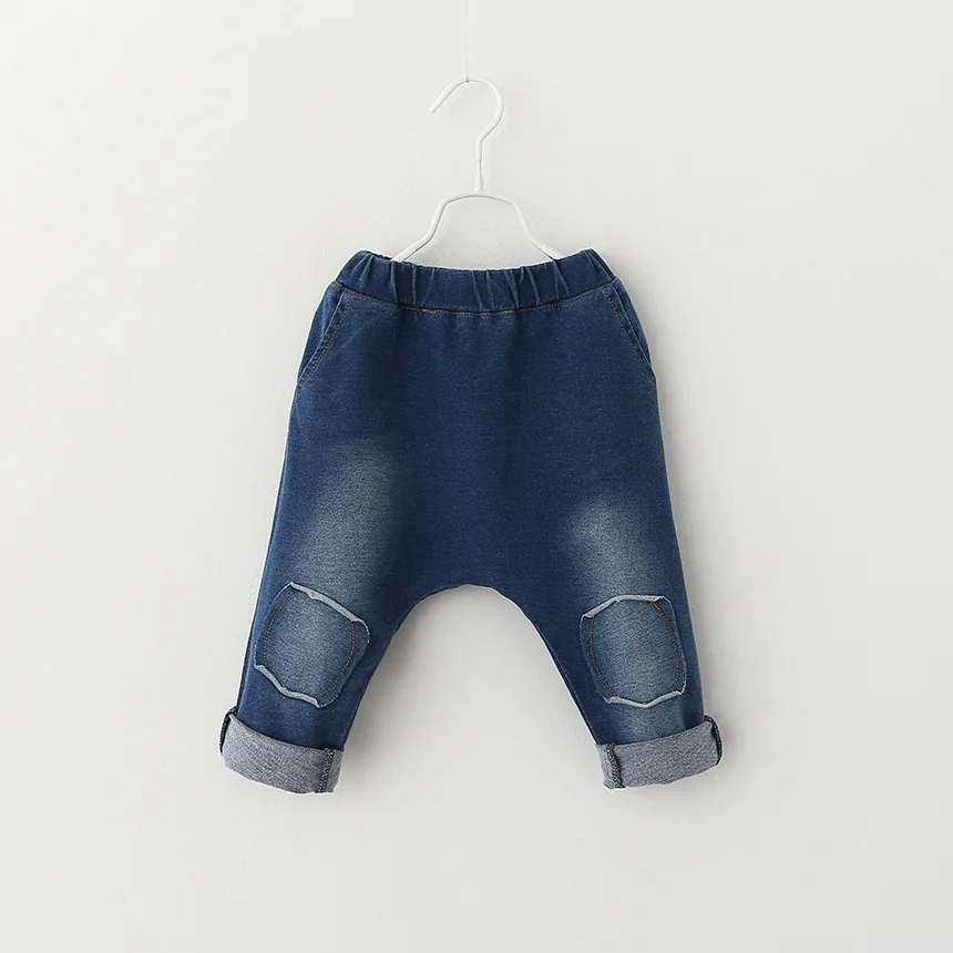 

2019 spring and autumn new children's pocket jeans fashion cute baby boys girls cross-pants personality patch jeans trousers