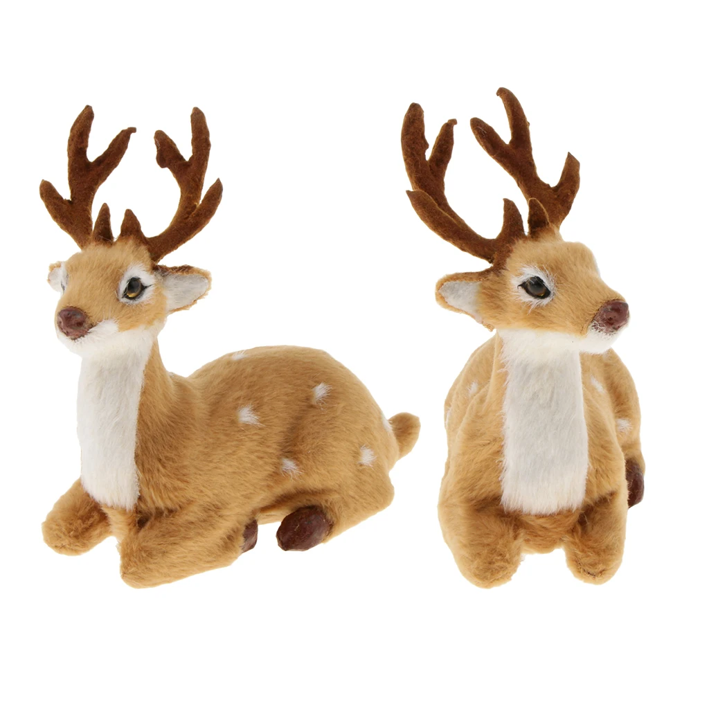 Pieces of 2 Miniatures Christmas Sika Deer Reindeer Elk Scene Arrangement Props Lying - Brown