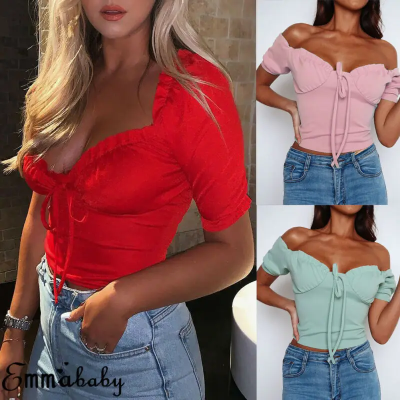 Newest Women lady solid crop tops Hot summer off shoulder bandage short sleeve shirt Strapless Casual Tank Top Club Camis