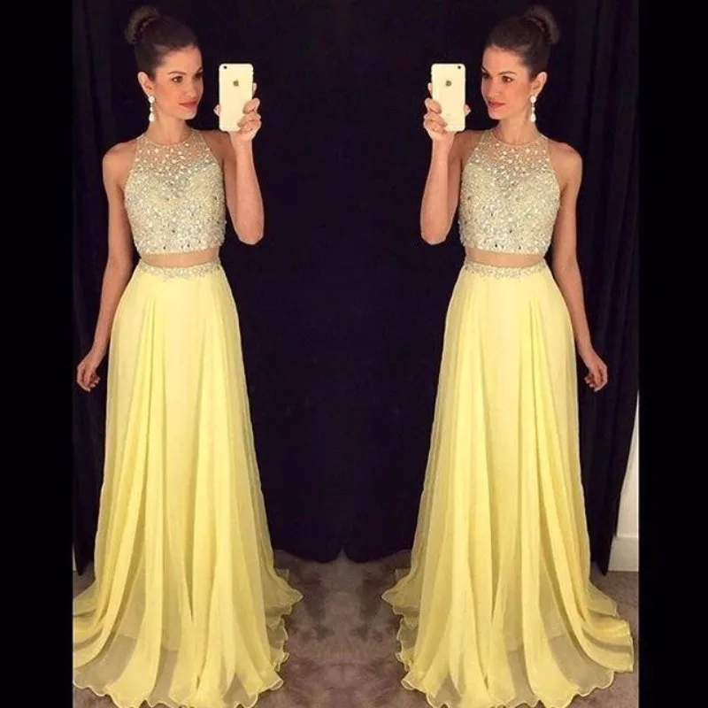 

2019 New Arrival 2 piece suit Long Prom Dresses Beaded Top Tank Crystals Chiffon Formal Evening Dress Party Gown Custom