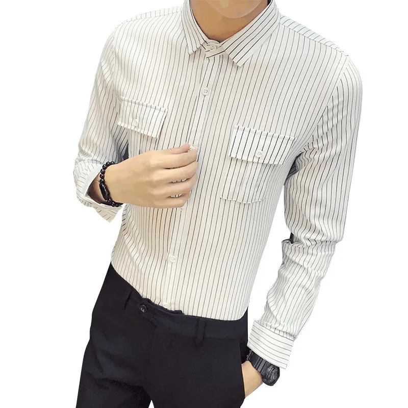 Quality Autumn Casual Shirt Men Brand Designer Long Sleeve Slim Fit Striped Men's Shirts Front