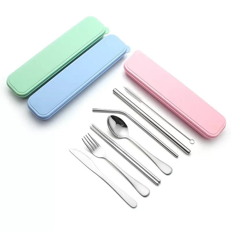 

Portable Stainless Steel Tableware Reusable Travel Dinnerware Spoon Fork Chopsticks Straw Set with Cutlery Box