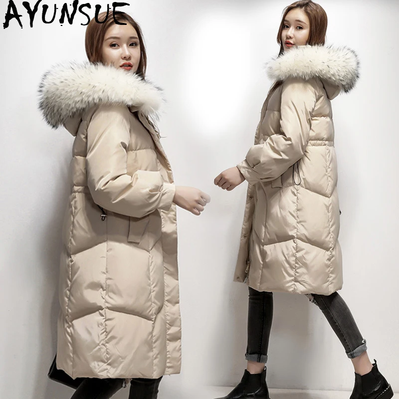 

AYUNSUE Women's Winter Down Jacket Hooded Raccoon Fur Collar Long Warm Duck Down Coat Overcoat Jackets for Women 2019 KJ2817