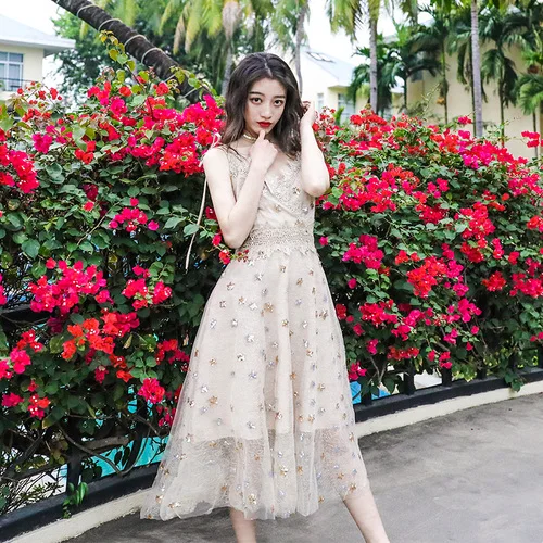 

2019 New Women Fashion Dresses Lace Strappy-backless Mesh Party Dress Sequins Stars Fairy Dress Femme Vestido Robe Free Shipping