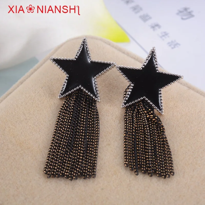 

Vintage Enamel Black Earrings Fashion Five-pointed Star With Copper Wire Tassels Long Earrings Star Brincos Jewelry For Women