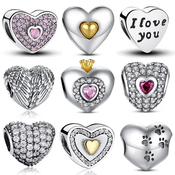 100% Authentic 925 Sterling Silver Heart Shape Charm Beads Fit Pandora Charm Bracelet DIY Original Silver Jewelry