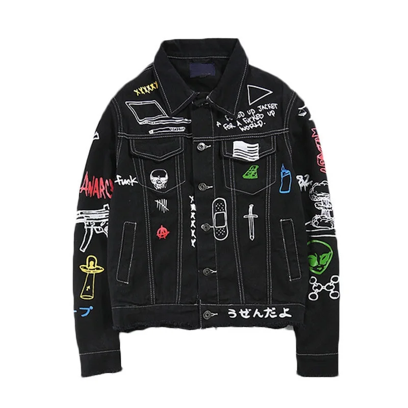 2018 Mens Graffiti Hip Hop Cowboy Jackets Denim Jacket Fashion Male