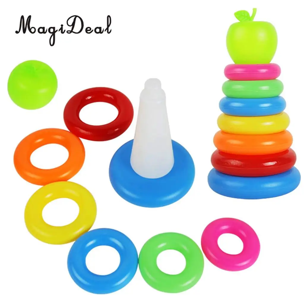 Kids Baby's Bath Tub Floating Toy Set - 7 Colorful Stacking & Nesting Rings with a Cute Green Apple, Birthday Gift