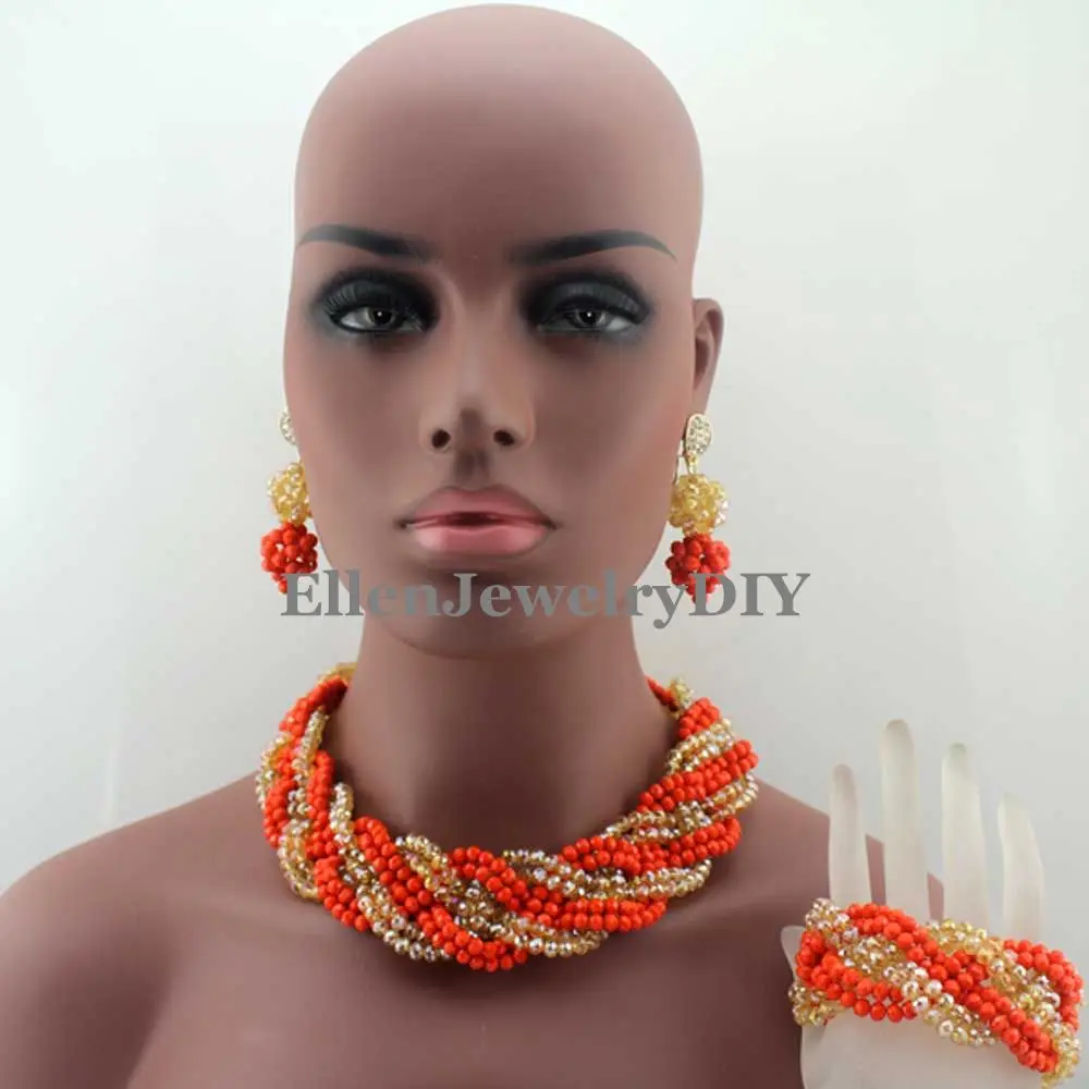 FashionOrangeCostumeAfricanBeadsJewelrySetforNigerianwedding