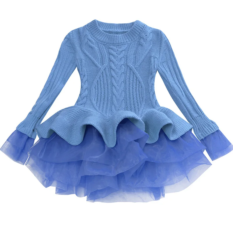 Вязаное платье с длинными рукавами для девочек; коллекция года; сезон осень-зима; одежда в клетку; Детские платья для девочек; теплое Хлопковое платье-пачка принцессы - Цвет: Blue
