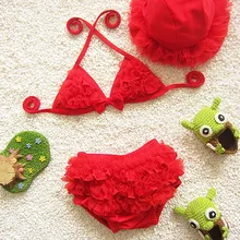 New Retail Girl’s Chiffon Ruffles Swimsuit Kids Cotton Straps Bikini Set +Hat Baby Swimwear with Ribbon Bow Children Two Pieces