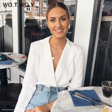 WOTWOY Spring Autumn Long Sleeve Bodysuit Women Casual Cotton White Bodysuits Women 2018 Deep V Neck Chic Tops Female New 