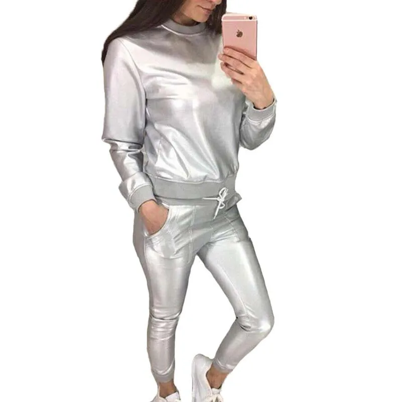 

2018 New 2 Piece Sets Tops and Pants Metallic Color PU Leather Tracksuits Set Women Spring Autumn Long Sleeve Tops Set D436