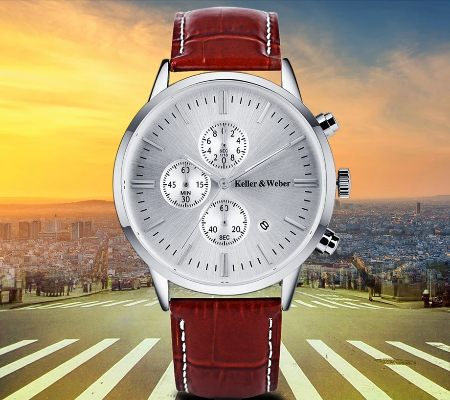 Keller & Weber Mens Watches 30m Waterproof Quartz Business Watches Date Display Genuine Leather Band Relogio Masculino Best Gift (25)