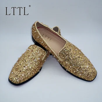 

New Handmade Luxury Gold Rivets Men Loafers Gentleman Fashion Glitter Wedding And Party Shoes US 6-13 Red Bottom Flats
