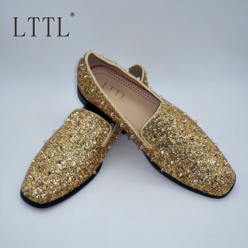 New Handmade Gold Glitter Men Loafers Rivets Men Shoes Fashion Slip On