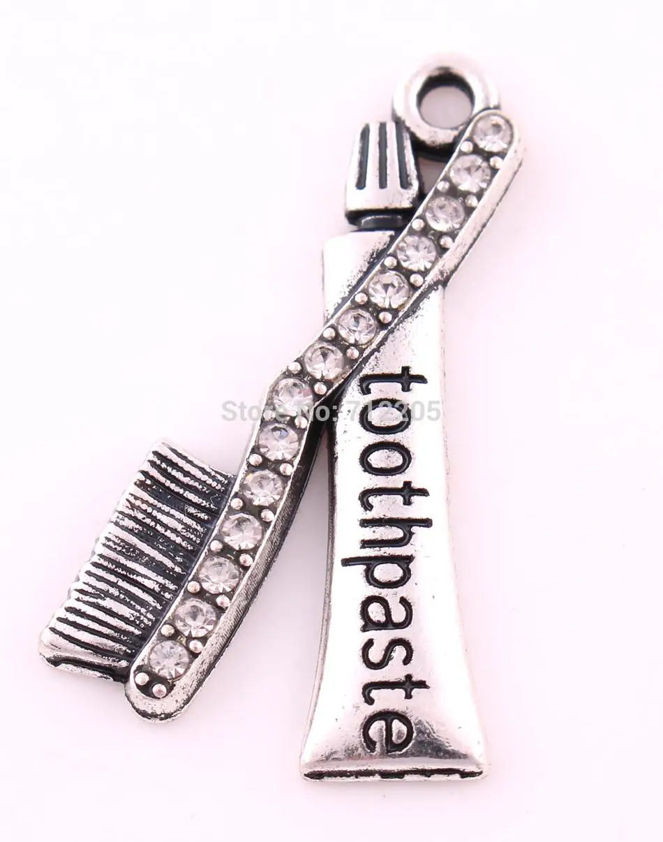 10pcs a lot Antique Silver Plated Zinc studded with sparkling crystals Toothbrush and Toothpaste Crystal Pendant | Украшения и