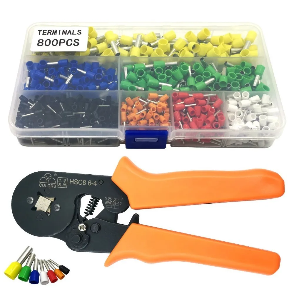 

800pcs Cable Wire Terminal Connector with Hand Ferrule Crimper Plier Crimp Tool HSC8 6-4 Kit Set AWG 10-23