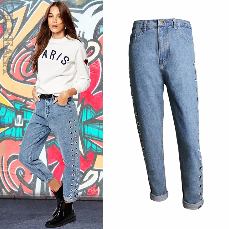 Boyfriend/мешковатые джинсы, женские брюки, винтажные прямые джинсы для девочек, штаны с высокой талией, женские свободные, с вырезами, с заклепками, JeansB55
