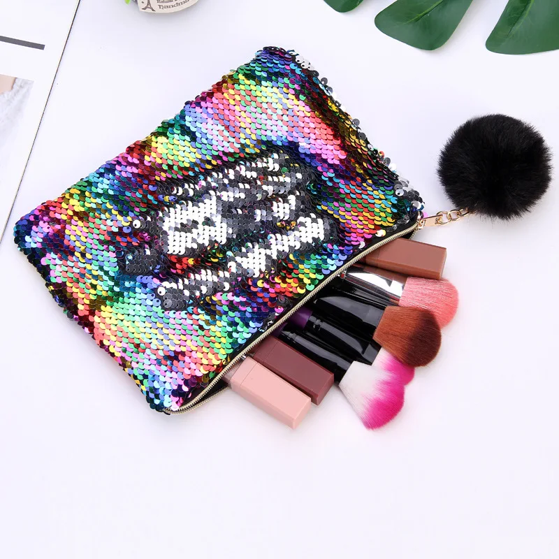 Fashion Reversible Sequins Glitter Makeup Bags Girl Cute Plush Ball Cute Cosmetics Pouchs For Travel Ladies Women Cosmetic Bag