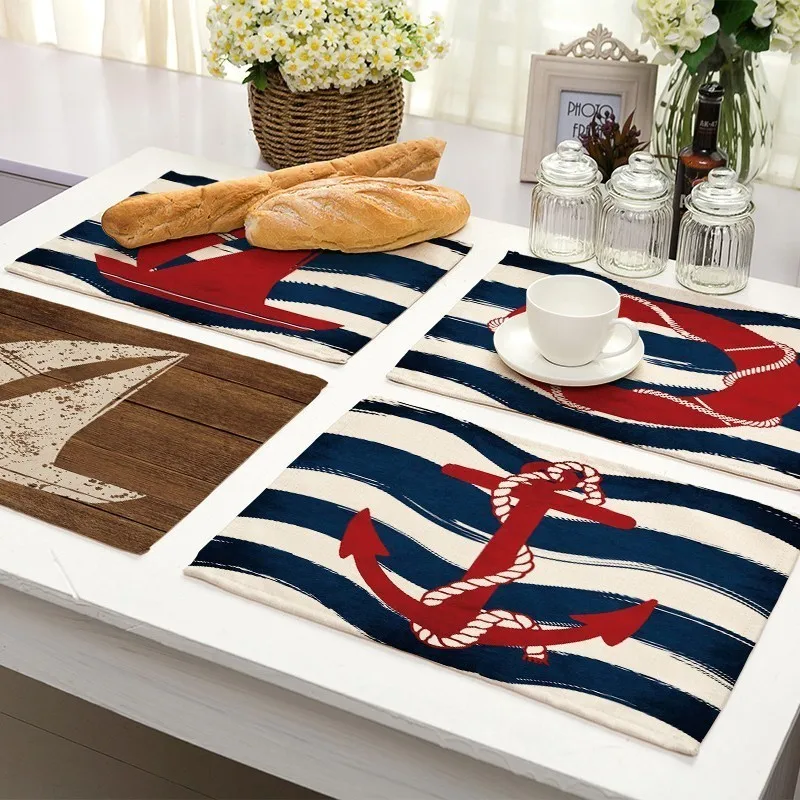 

1Pcs Creative Nautical Anchor Pattern Kitchen Placemat Table Mat Coaster Cotton Linen Pad Dish Cup Mat 42*32cm Home Decor MS0015