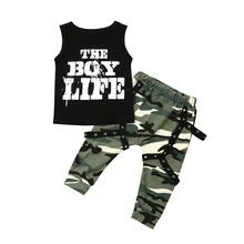 Комплект из 2 предметов: майка с надписью «Life» и камуфляжные брюки с заклепками для маленьких мальчиков