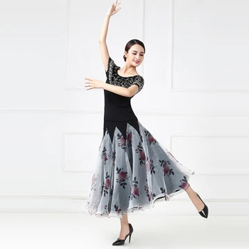 

Square Dance Skirt 2019 Summer Elegant Flower Modern Dance Big Swing Dress Black New Elegant Performance Dance Skirt