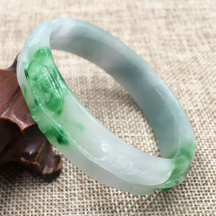 

A-156 Beautiful Hand-carved Emerald Green Jadeite Jade Gems Bracelet Bangle 59mm