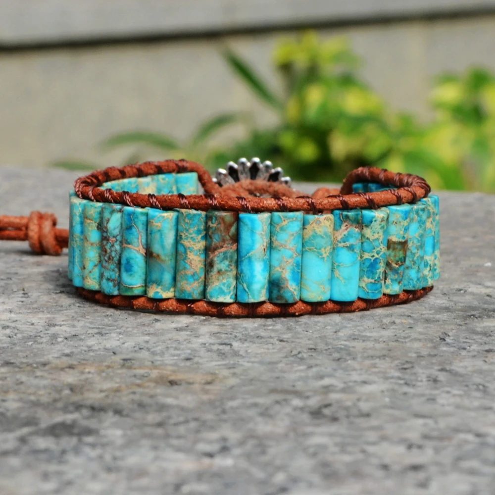 Sea sediment Stones Bracelet Handmade Multi Color Natural Stone Tube Beads Leather Wrap Couples Bracelets jewelry Gifts | Украшения и