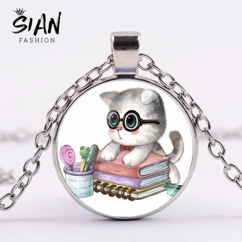 Азиатских Kawaii Белый Кот в очках ожерелье питомец котенок обучения книги фото