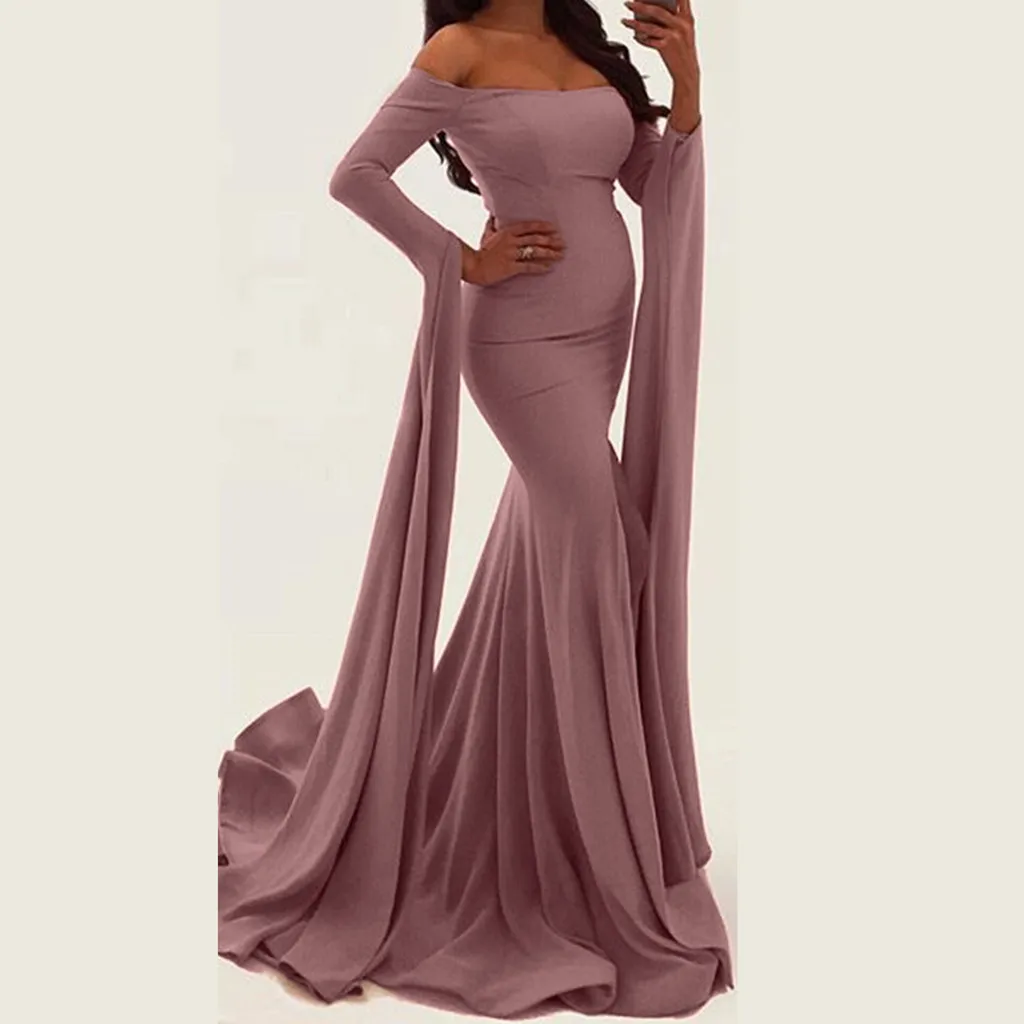 

Women Dress Elegant Party Evening Slim Off-Shoulder Long Sleeved Split Maxi Dresses Solid Pink Dress Women Clothes 2019 vestidos
