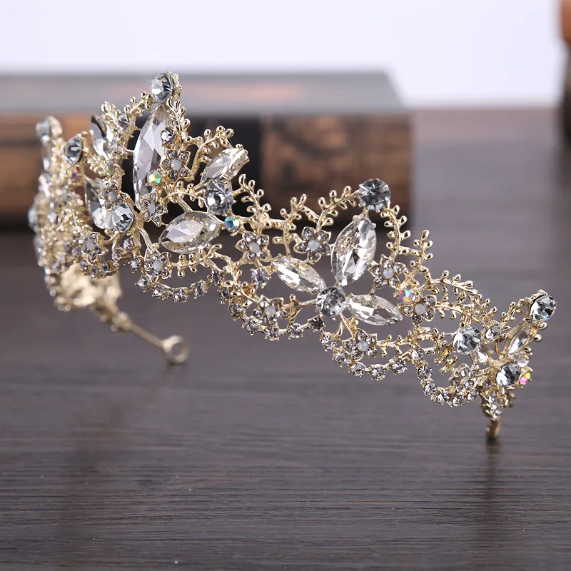 Light Gold Baroque Luxury Crystal Bridal Crown Tiara Wedding Hair Accessories