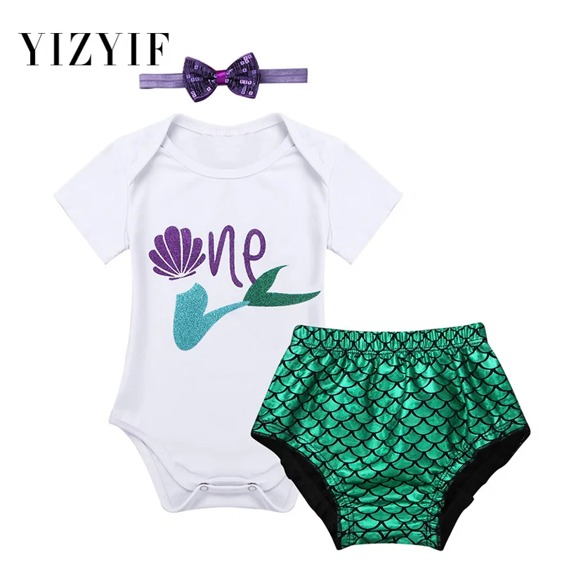 

YiZYiF Baby Girls Clothes Mermaid Tails Pattern Romper First Birthday Outfit Glittery Shell Number One Romper Bloomers Headbands