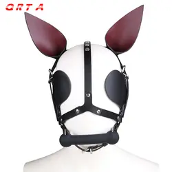 QRTA натуральная кожа маска с открытым ртом кляп с завязанными глазами собачья маска бондаж механизм капюшон Фетиш раб взрослые игры игрушки