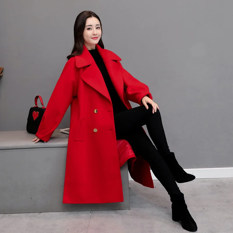 Décontracté Longues Cachemire D'hiver Veste Rouge Femmes Solide Taille Laine 2018 Manteau Col Breasted down Double Turn Large À De Poches rq4Ar