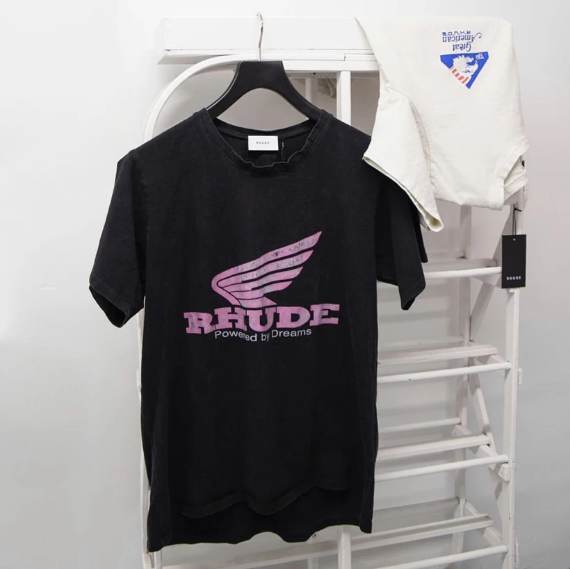 

2019 New Rhude T Shirt Men Women Pink Logo T-shirt Chicago Limited Flying Eagle Cotton Casual Ruhede T-shirt