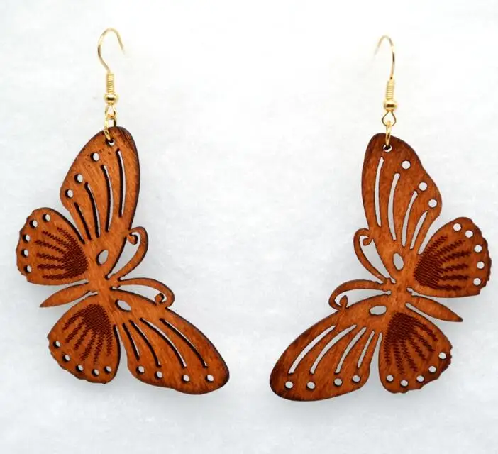 Пара Дизайн Большие, ручной работы бабочка натуральный краситель цвет деревянная серьга полые