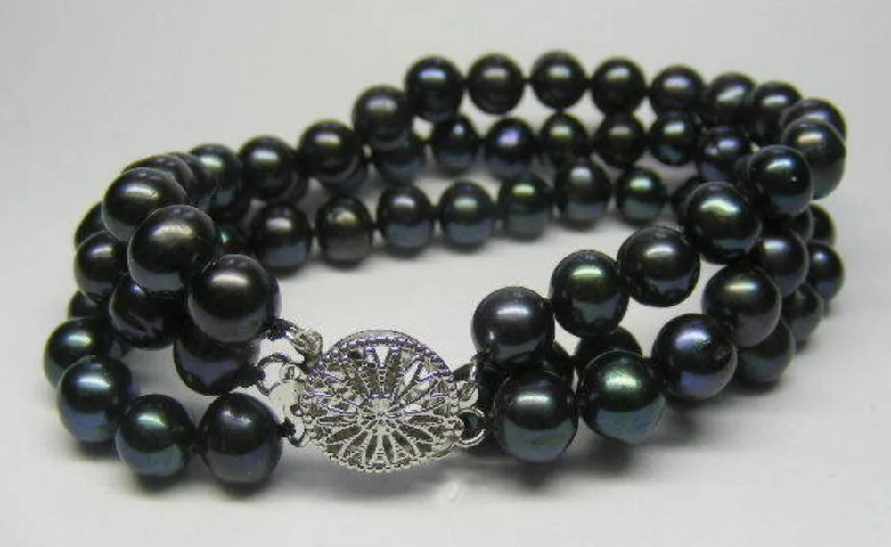 

FREE SHIPPING HOT sell new Style >>>> 3 ROWS 8-9MM Black Akoya Cultured Pearl Bracelet 7.5