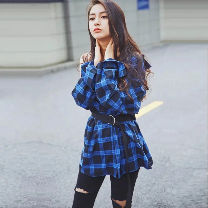 Women Clothes Plaid Shirt Long Black Sleeve Cotton Blouse Tee Shirt Femme Top Blazer font b