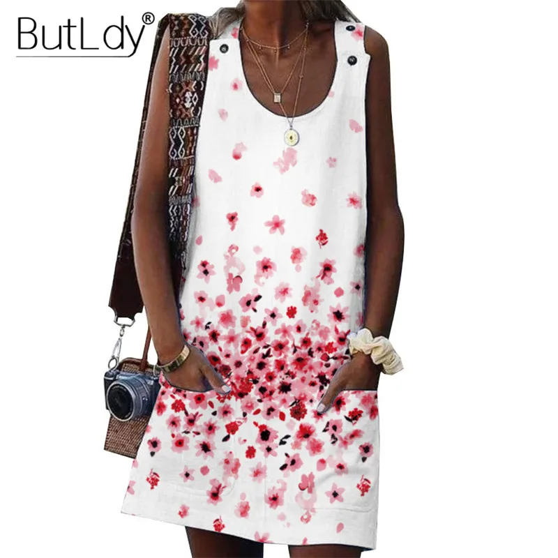 Summer 2019 Short Tank Shirt Jumper Dress Women Floral Print Sleeveless Off Shoulder Casual Dress Female Button Pockets Dress Summer 2019 Short Tank Shirt Jumper Dress Women Floral Print Sleeveless Off Shoulder Casual Dress Female Button Pockets Dress