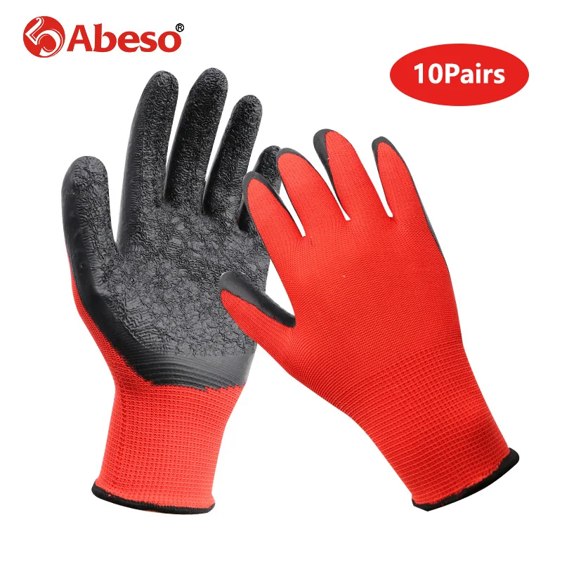 

10 Pairs Nylon Knitted Wrinkle Glue Safety Gloves Hands Protection Cut-Resistant Durable Breathable Red Black Working Gloves