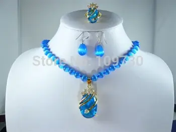 

Jewelry 00846 4 colors-white pearl/blue jade/opal necklace +blue zircon pendant earring ring can choose