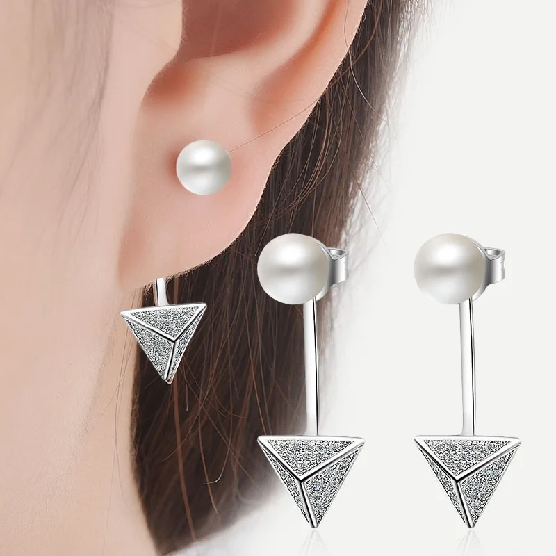 

925 Sterling Silver Simulated Pearl Drop Earrings For Women Crystal Triangle Earrings Sterling-silver-jewelry Wedding Gift
