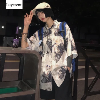 

Women Chinese Vintage Print Oversize Summer Long Blouse Female Big Size Short Sleeve Single Breasted Loose Shirt 2020 BF Top New