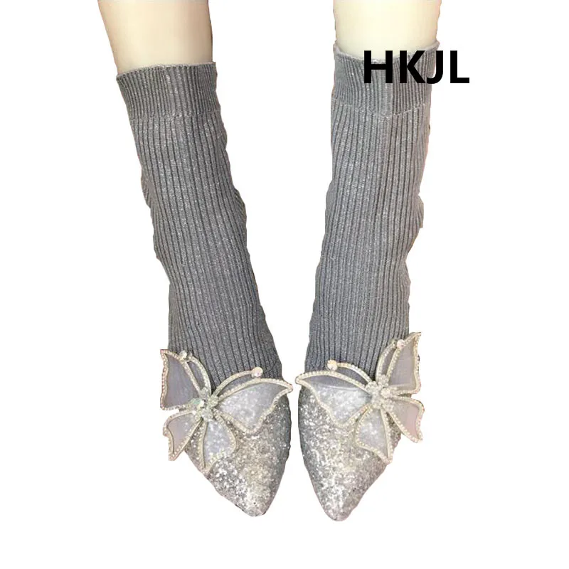 

2019 spring and autumn new elastic socks boots handmade rhinestone butterfly pointed high-heeled sexy knit boots