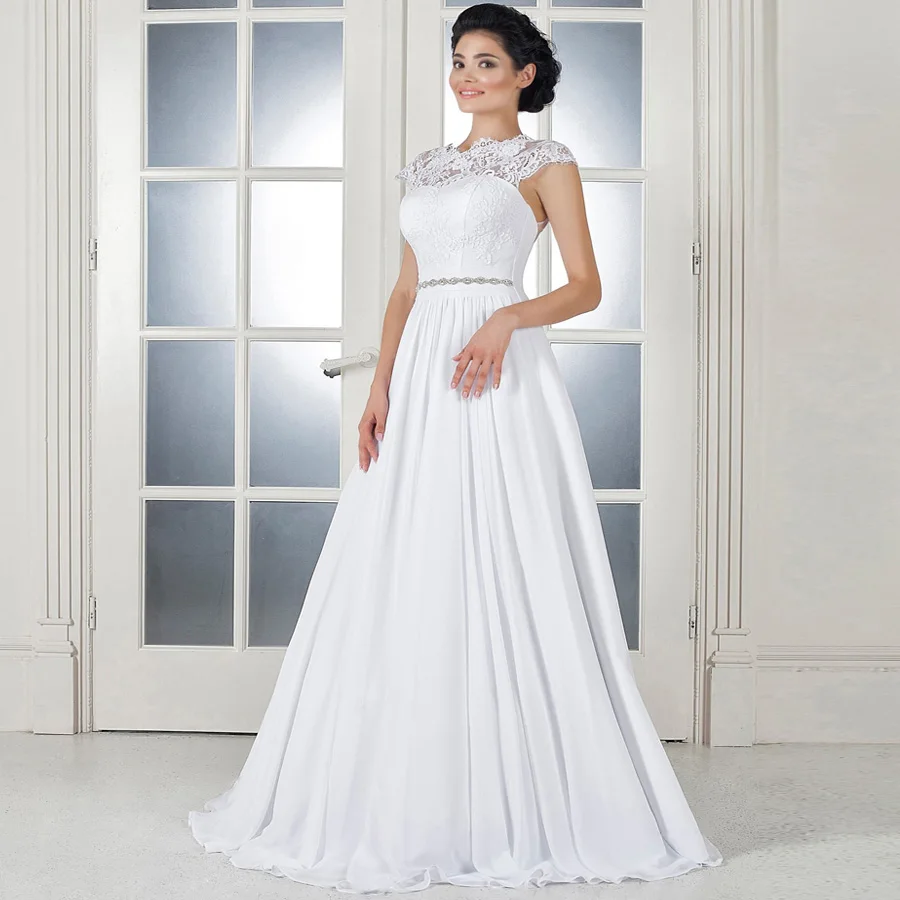 Недорогое кружевное шифоновое свадебное платье с круглым вырезом и рукавами-крылышками, свадебное платье с бисером, свадебное платье размера плюс