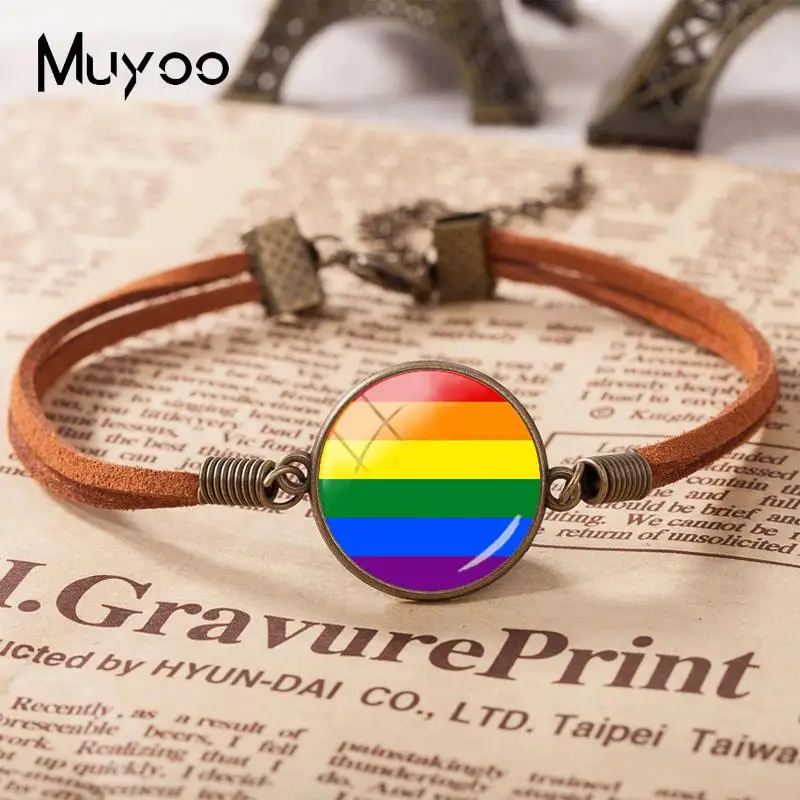 ЛГБТ Прайд флаг кожаный браслет Pansexual транспол браслеты-флаги стеклянный купольный кабошон ювелирные изделия ручной работы