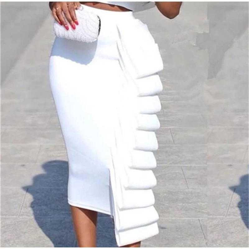 Для женщин s Белый Высокая талия плиссированные оборки юбка-карандаш миди трубки Топы твердые женские юбки наборы 2019 г. летние модные
